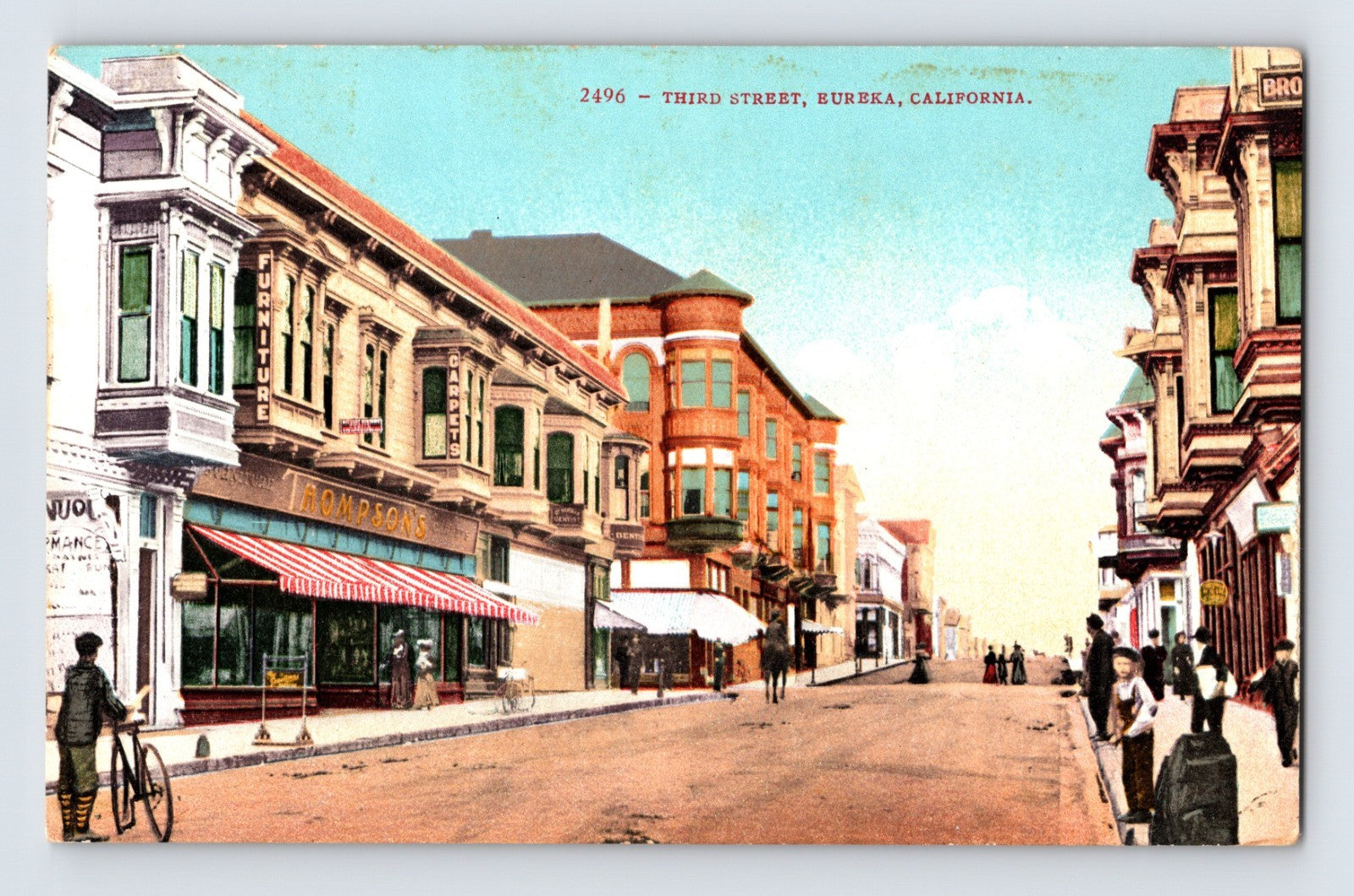 Eureka California Third Street postcard showing storefronts, Victorian commercial buildings, and pedestrians in downtown Humboldt County.