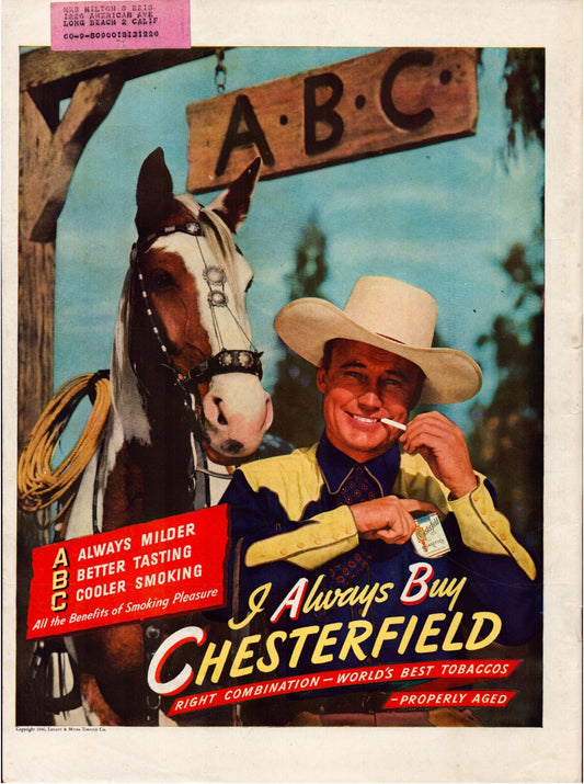 Chesterfield Cigarettes 1946 Print Ad Cowboy Horse Full Page 10.5 x 13.5