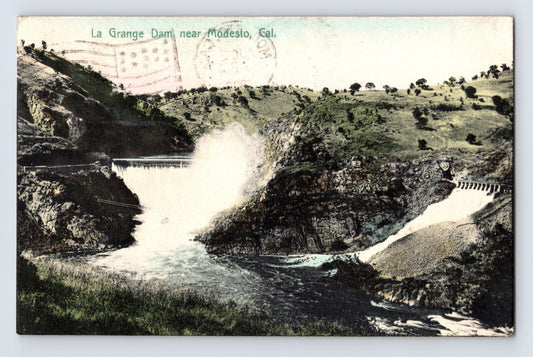 Modesto California La Grange Dam 1909 postcard showing spillway water flow and rocky canyon with hand colored detail