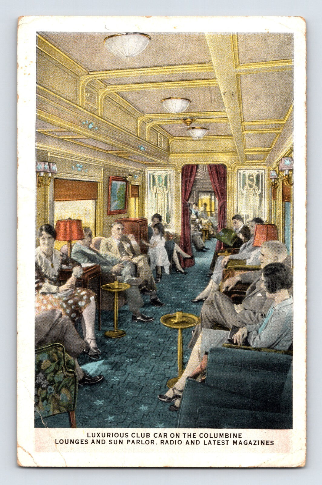 1931 postcard of Union Pacific Columbine lounge club car interior with upholstered seating, brass tables, shaded lamps, and passengers seated along central aisle