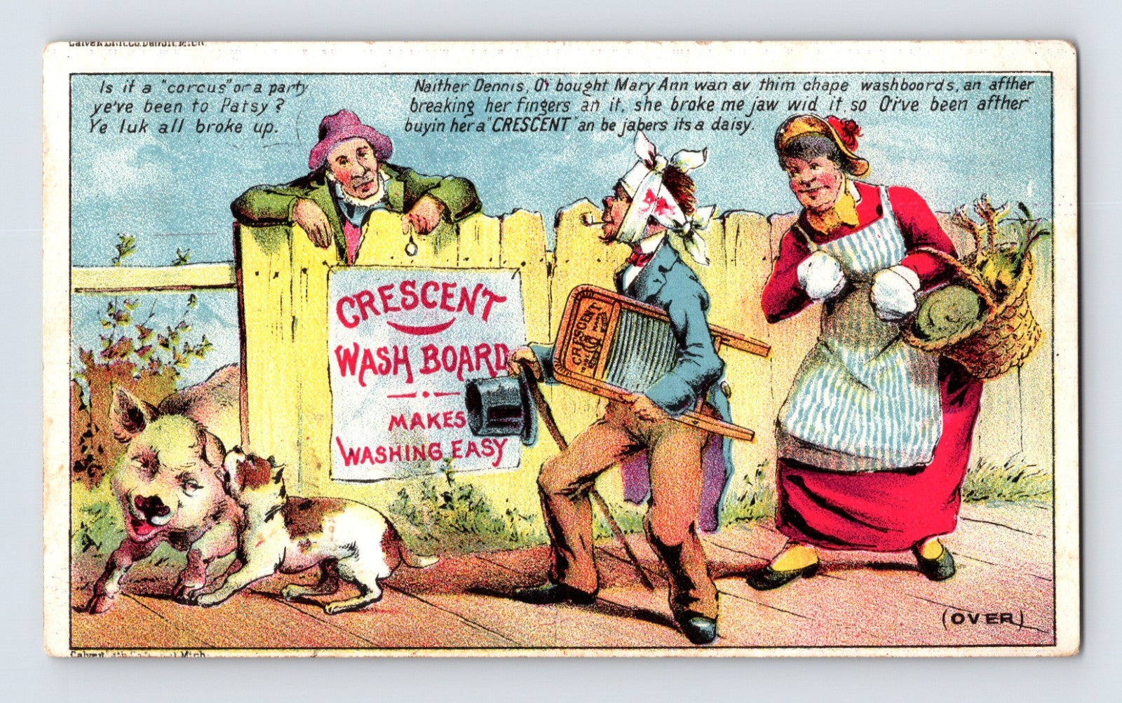 Wilkes-Barre Pennsylvania Crescent Wash Board Victorian trade card with comic laundry scene and pig illustration.