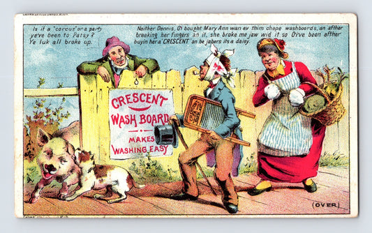 Wilkes-Barre Pennsylvania Crescent Wash Board Victorian trade card with comic laundry scene and pig illustration.