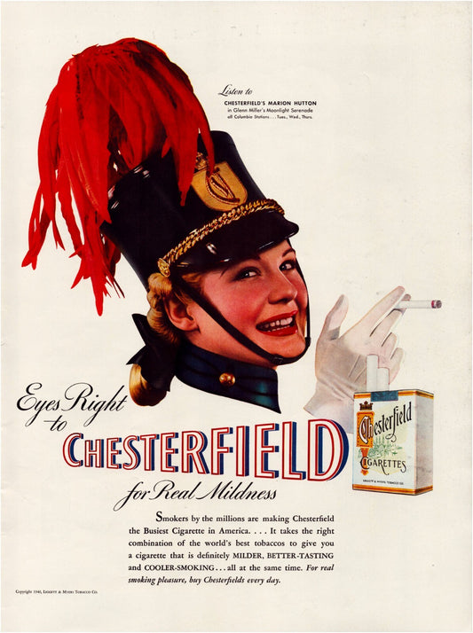 Chesterfield cigarettes 1940 print ad majorette uniform red plume smiling woman tobacco advertisement