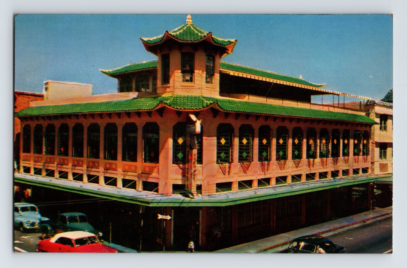 Honolulu Hawaii Wo Fat Restaurant Chinese pagoda style building 1950s chrome postcard