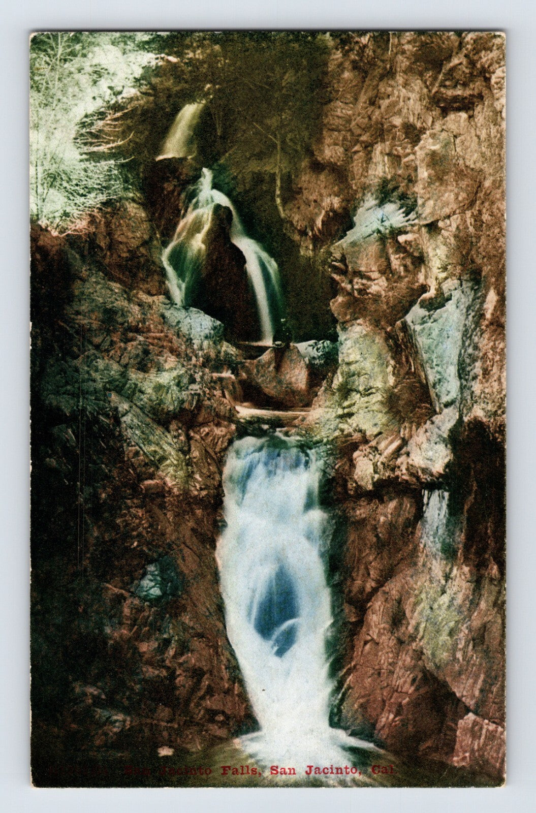 San Jacinto California waterfall cascade postcard with rocky cliffs and multi tiered falls