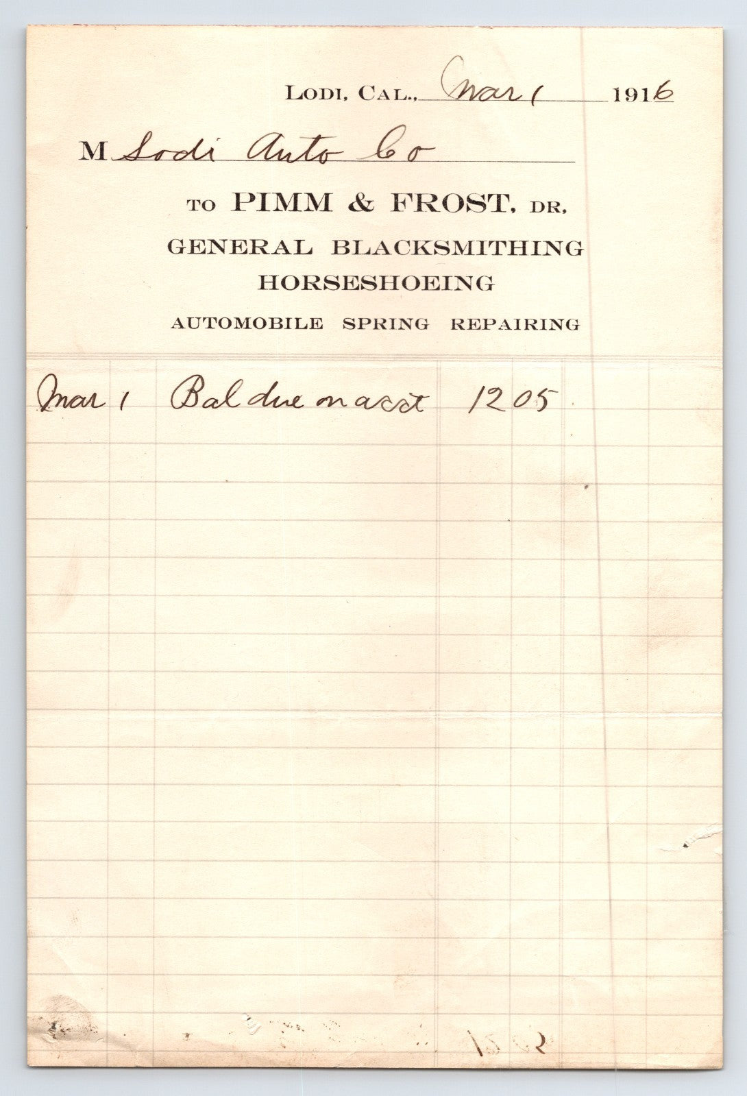 1916 Pimm and Frost Lodi California blacksmith automobile spring repair billhead with handwritten March 1 entry and ruled ledger lines