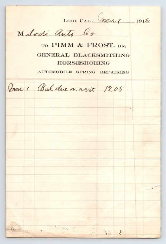 1916 Pimm and Frost Lodi California blacksmith automobile spring repair billhead with handwritten March 1 entry and ruled ledger lines