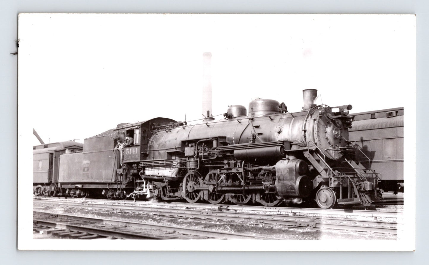 Black and white photograph of Burlington Route 2-8-2 steam locomotive at St Louis Missouri 1940s