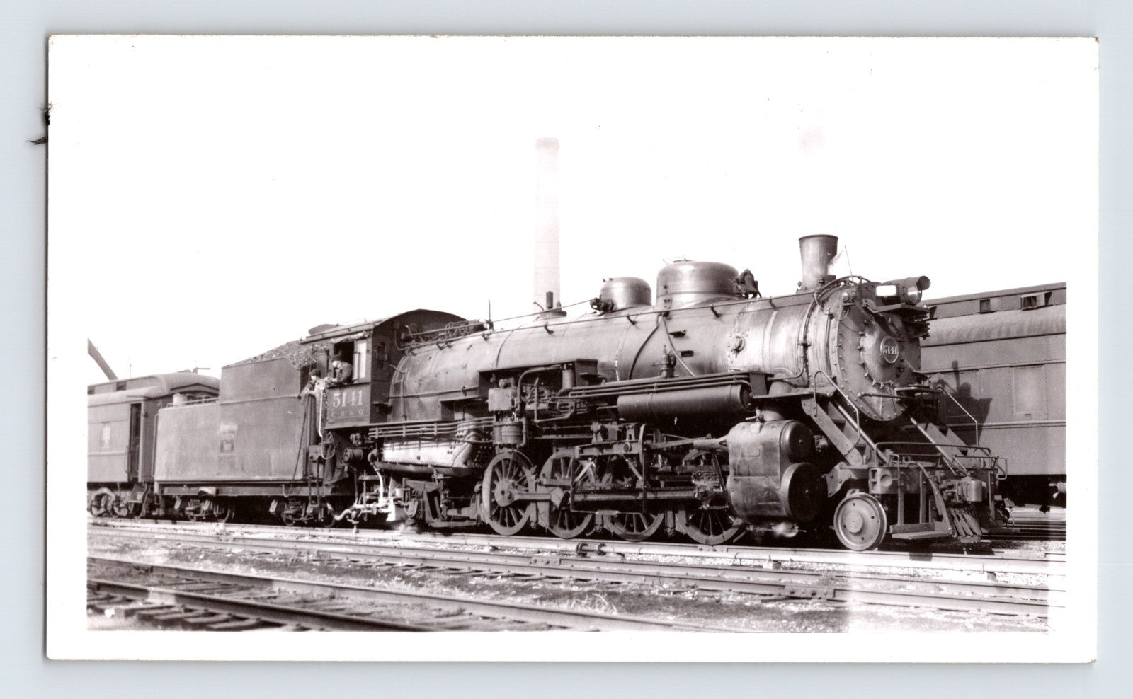 Black and white photograph of Burlington Route 2-8-2 steam locomotive at St Louis Missouri 1940s