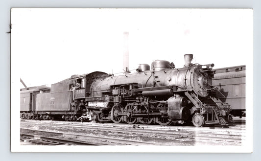 Black and white photograph of Burlington Route 2-8-2 steam locomotive at St Louis Missouri 1940s