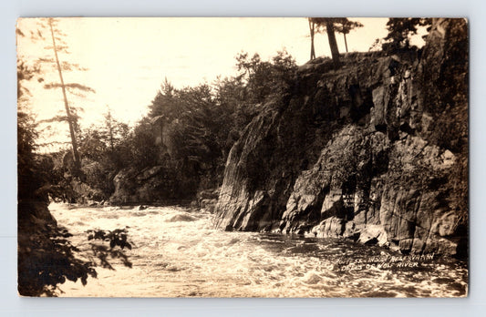 Wisconsin Dells Wisconsin Wolf River rapids rock cliffs trees real photo postcard