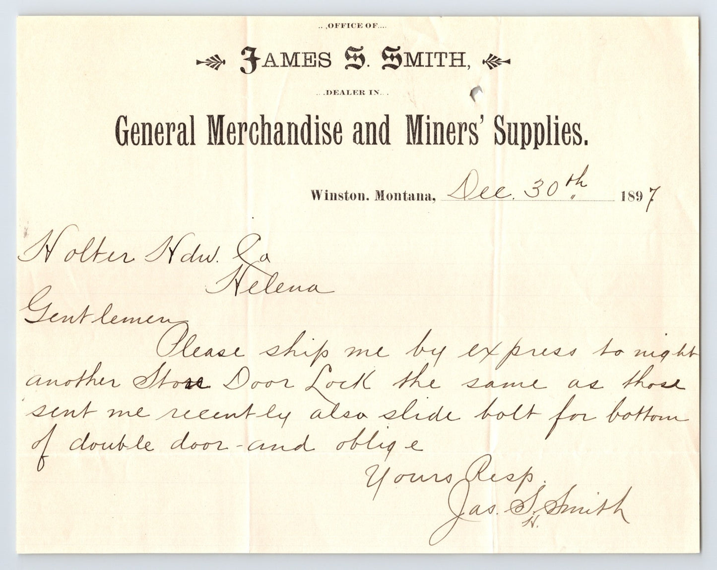 1897 James S Smith Winston Montana General Merchandise Miners Supplies Letterhead handwritten order
