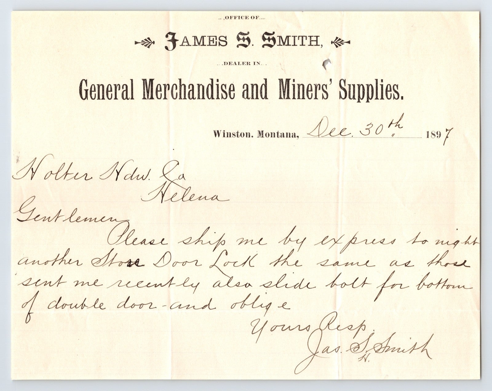 1897 James S Smith Winston Montana General Merchandise Miners Supplies Letterhead handwritten order
