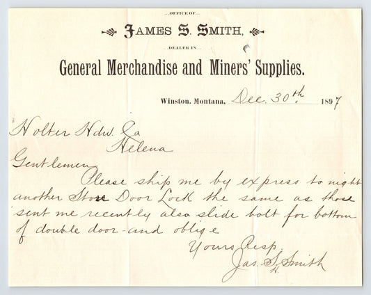 1897 James S Smith Winston Montana General Merchandise Miners Supplies Letterhead handwritten order