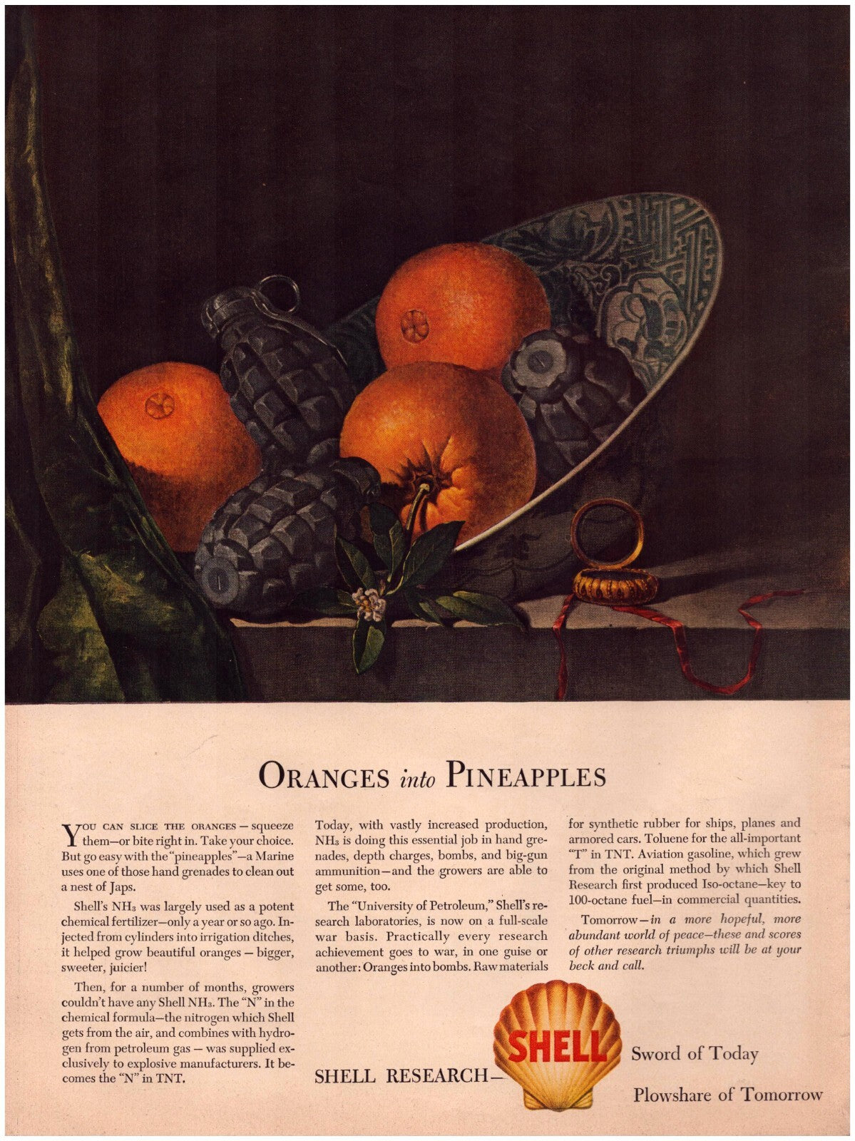 Shell 1943 wartime print ad oranges into pineapples grenades still life composition full page