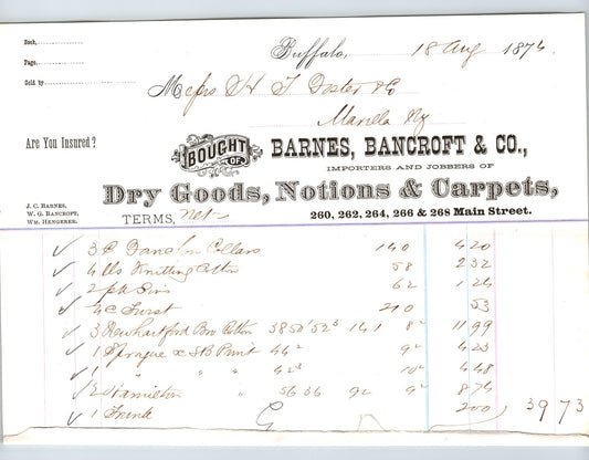 Buffalo New York 1876 Barnes Bancroft Dry Goods Carpets Billhead 8.5 x 6