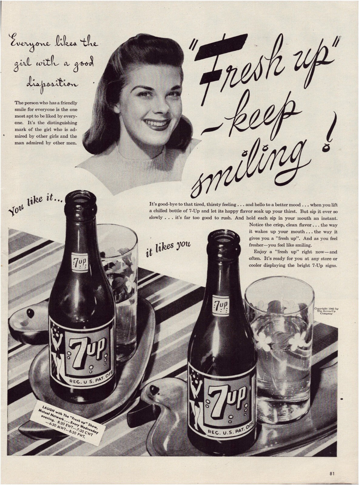 7 Up soda 1945 print ad with smiling woman and bottles on tray Fresh up keep smiling slogan