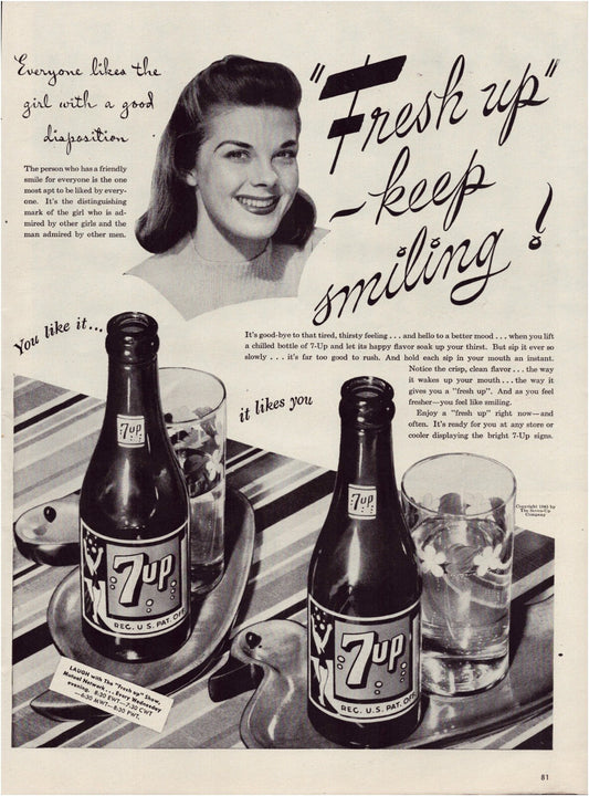 7 Up soda 1945 print ad with smiling woman and bottles on tray Fresh up keep smiling slogan