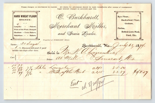 Burkhardt Wisconsin 1894 Burkhardt Mill Grain Flour Billhead 8 x 5.5
