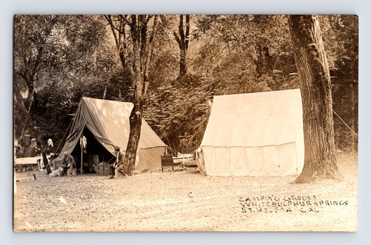 Real photo postcard of canvas tents at White Sulphur Springs in St Helena California wooded camp setting