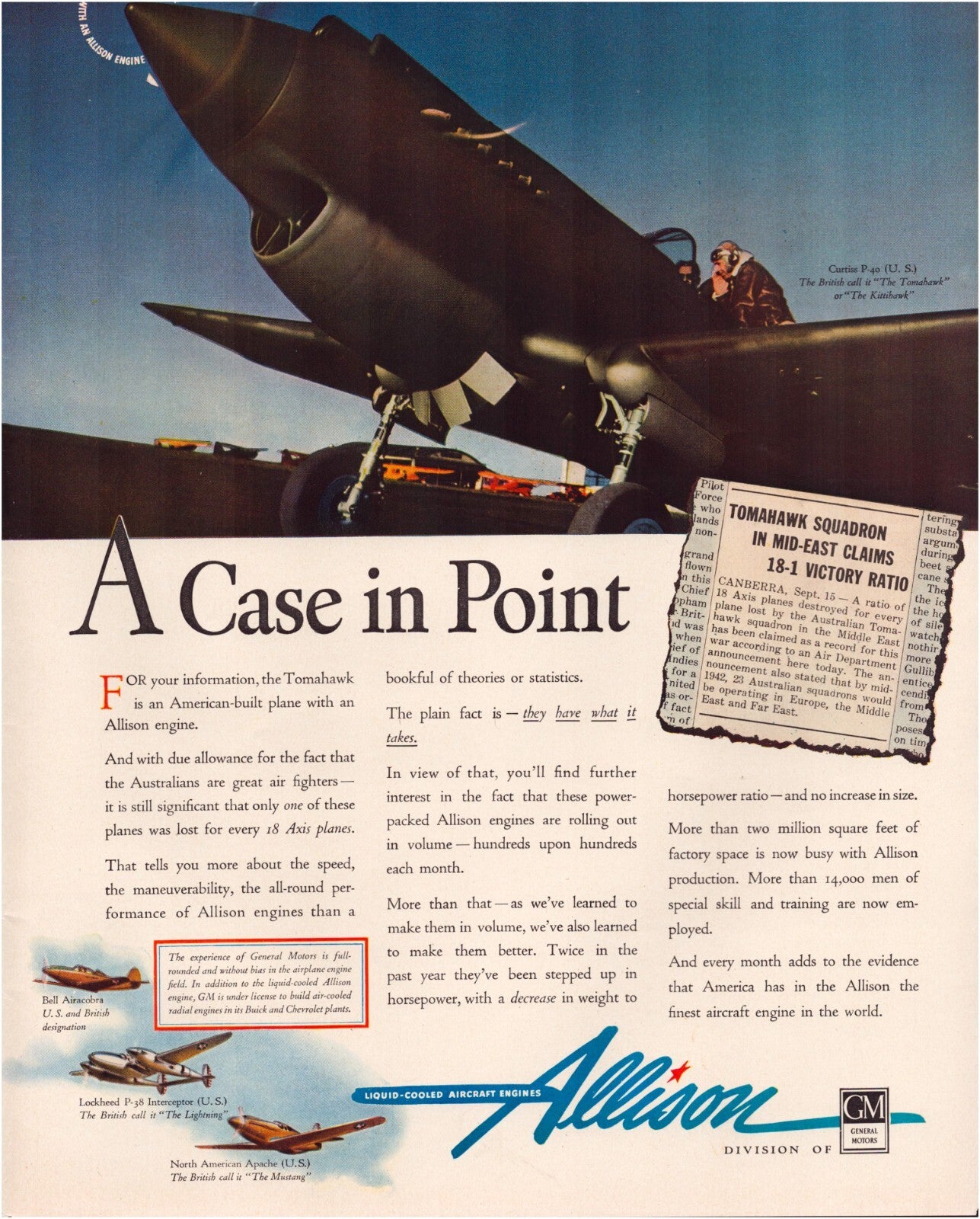 Allison Aircraft 1942 print advertisement featuring Curtiss P-40 Tomahawk fighter plane with pilot and Allison engine branding wartime aviation magazine page