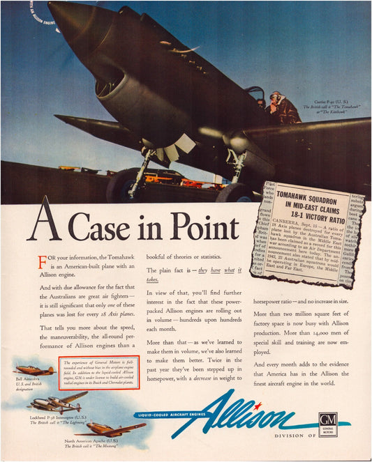 Allison Aircraft 1942 print advertisement featuring Curtiss P-40 Tomahawk fighter plane with pilot and Allison engine branding wartime aviation magazine page