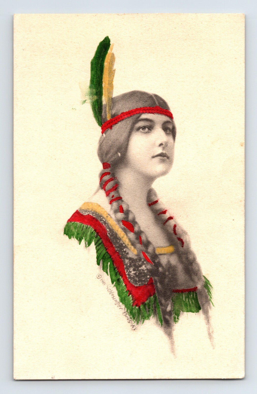 Native American woman portrait braids feather headband hand tinted Schlesinger 1910s postcard