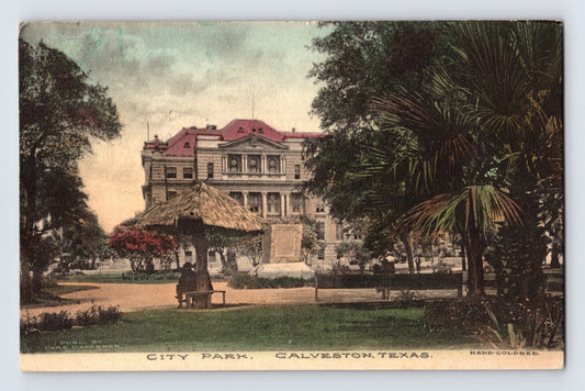 Galveston Texas City Park with palm trees pavilion and large building hand colored early postcard scene