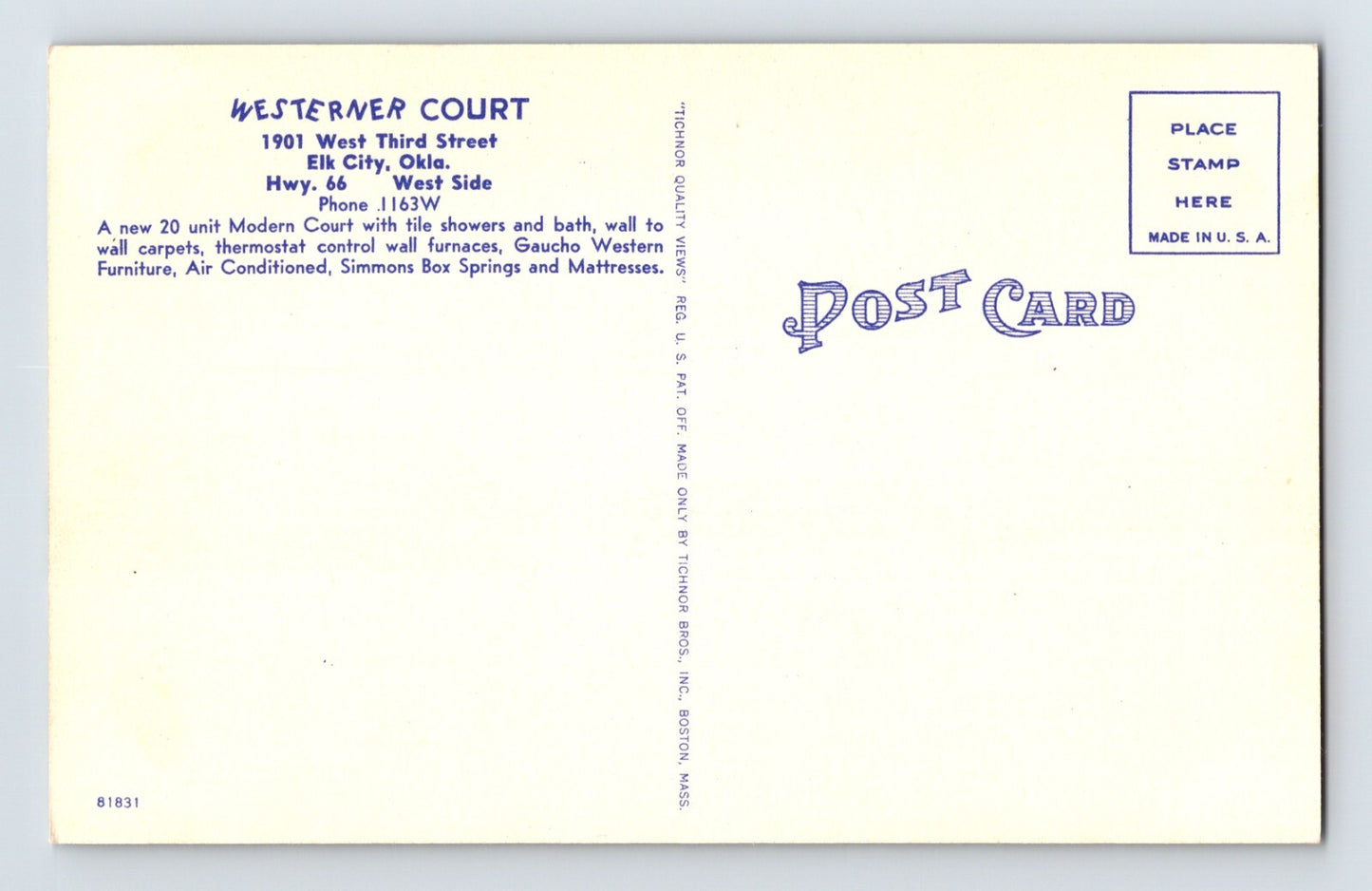Elk City Oklahoma Westerner Court Motel Route 66 1940s Postcard Unposted