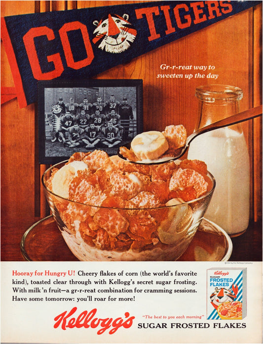 Kelloggs Frosted Flakes 1964 Tony the Tiger cereal bowl Tigers banner print ad