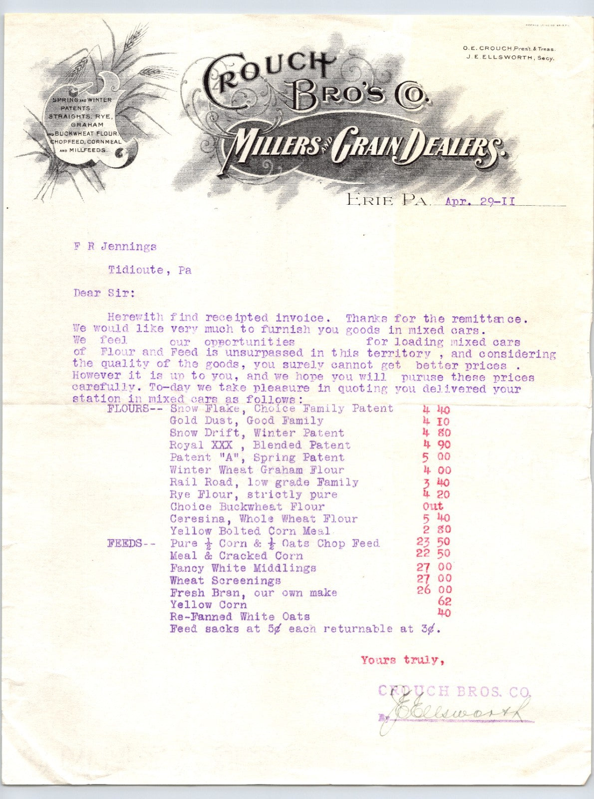 Erie Pennsylvania Crouch Bros millers grain dealers letterhead invoice 1911