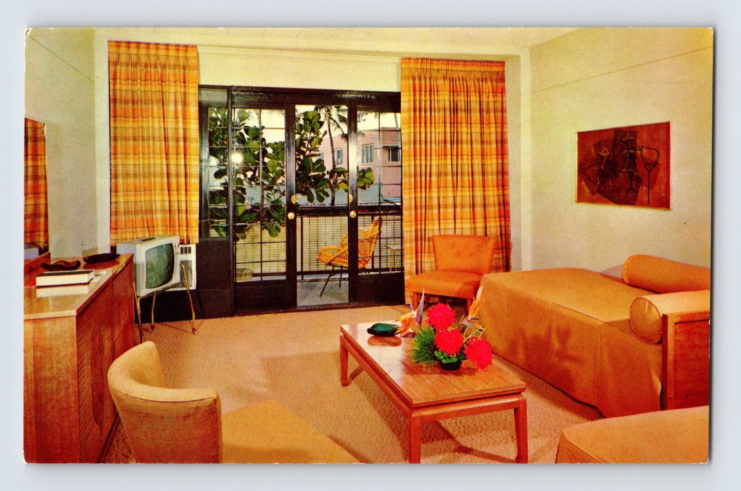 Waikiki Hawaii Polynesian resort hotel room interior mid century modern furniture curtains balcony postcard