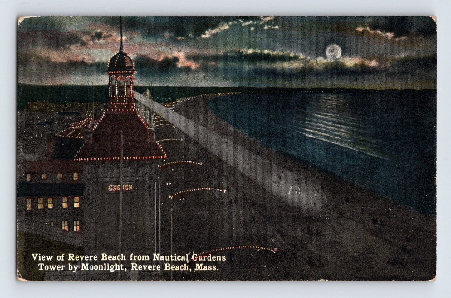 Revere Beach Massachusetts Nautical Gardens tower moonlight night view shoreline lights 1910s postcard