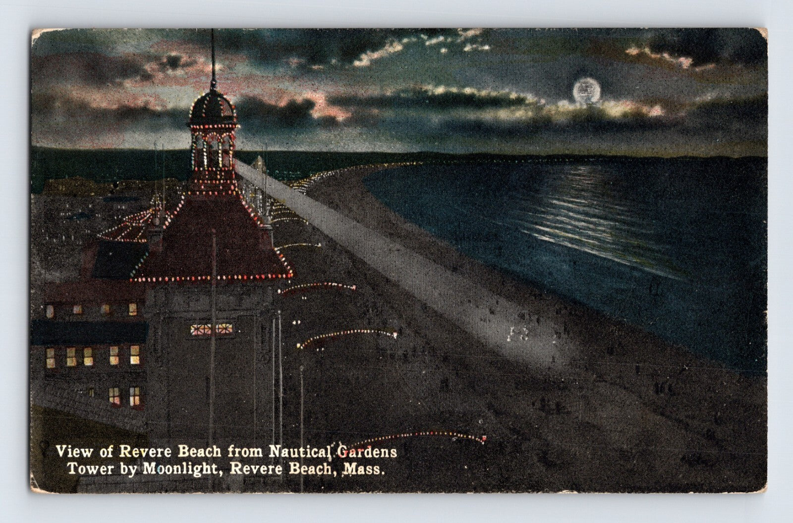 Revere Beach Massachusetts Nautical Gardens tower moonlight night view shoreline lights 1910s postcard