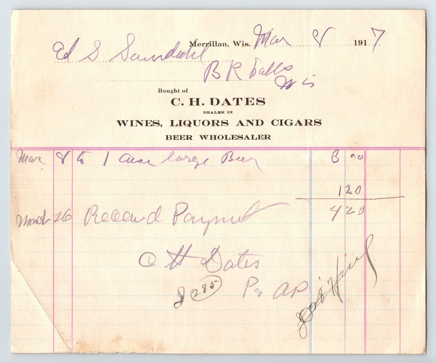 Merrillan Wisconsin 1917 C H Dates Wine Liquor Cigar Billhead 8 x 7