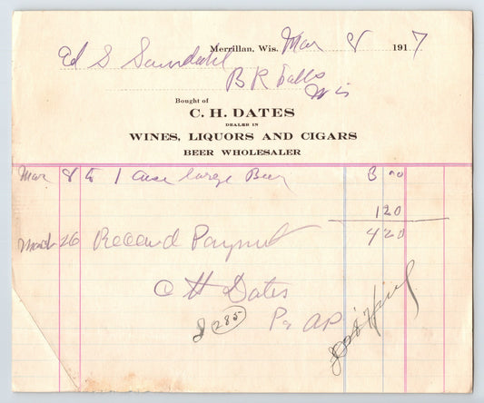 Merrillan Wisconsin 1917 C H Dates Wine Liquor Cigar Billhead 8 x 7