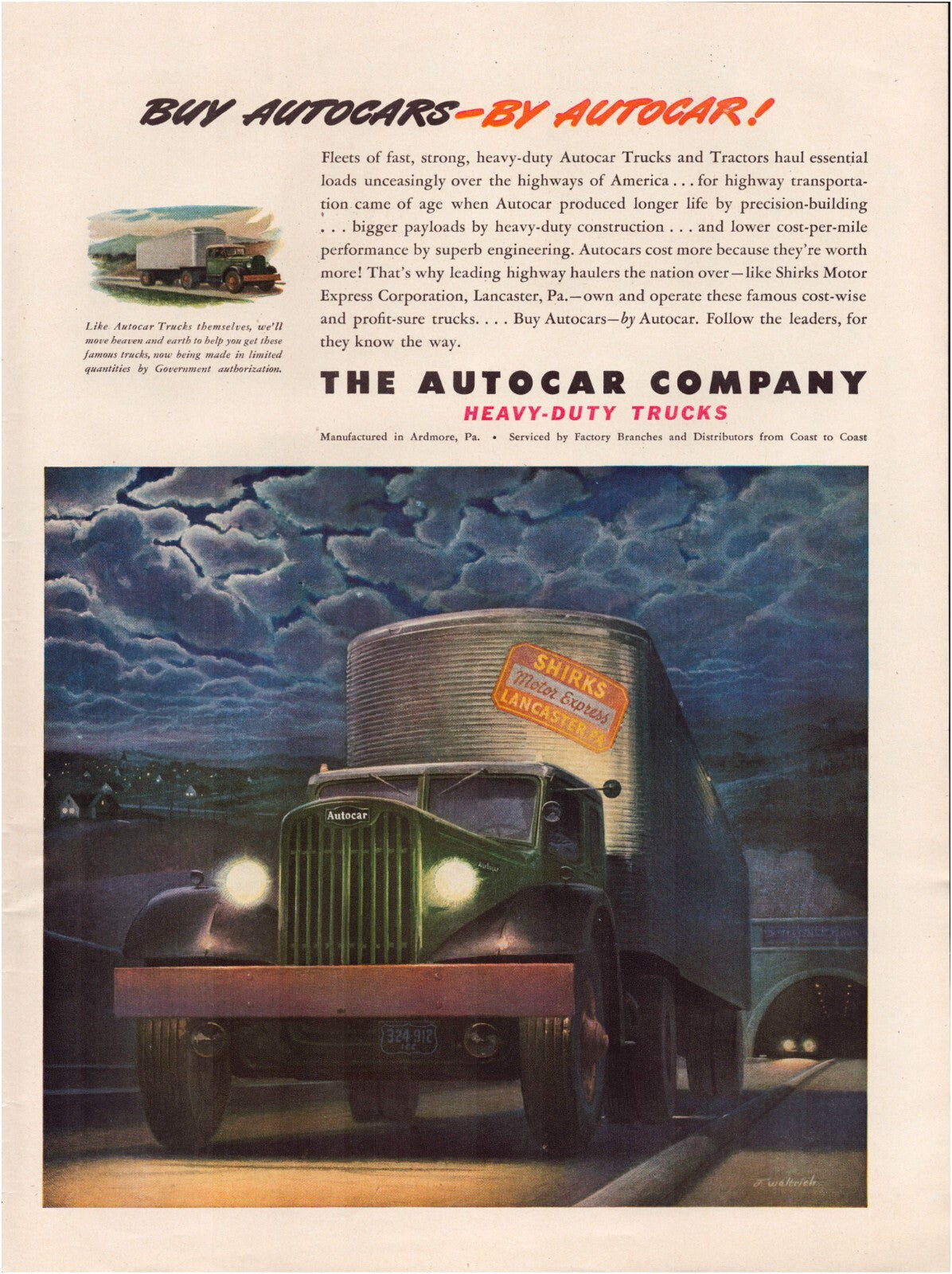 Autocar heavy duty trucks wartime transport night highway illustration 1945 print advertisement