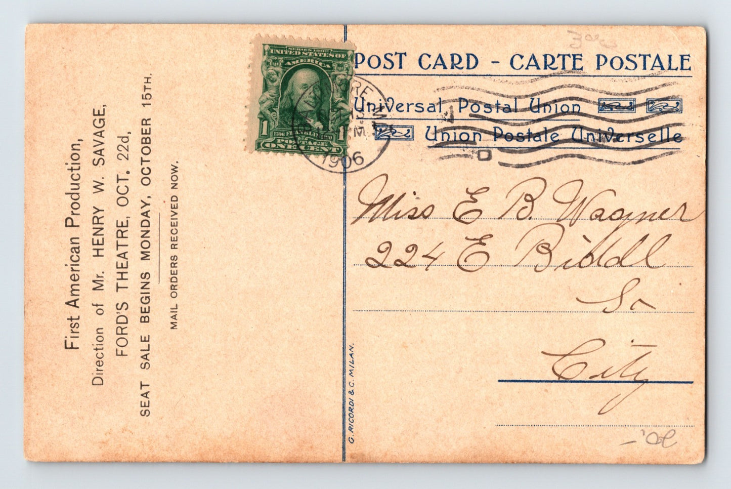 Washington DC Fords Theatre Madam Butterfly Opera 1906 Posted Undivided Postcard