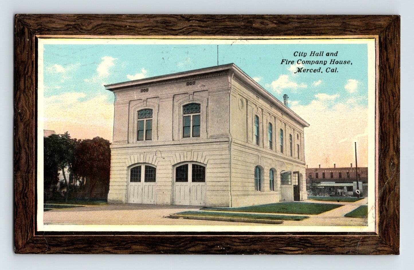 Merced California City Hall and Fire Company House 1911 hand-colored postcard building view