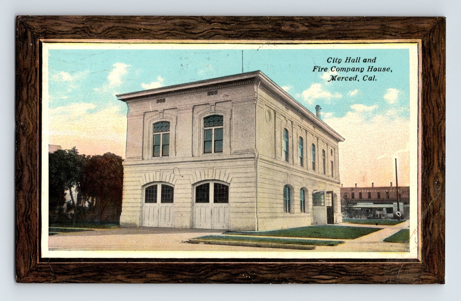 Merced California City Hall and Fire Company House 1911 hand-colored postcard building view