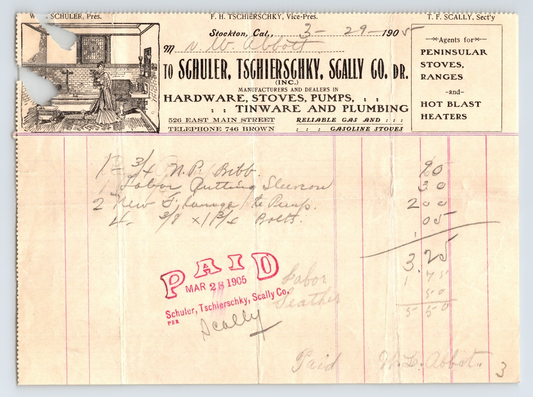 Stockton California 1905 Schuler Tschierschky Scally Hardware Billhead 8 x 6