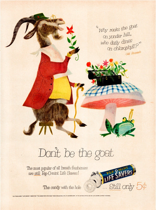 Life Savers Pep O Mint 1954 billy goat illustration candy print ad whimsical vintage advertising