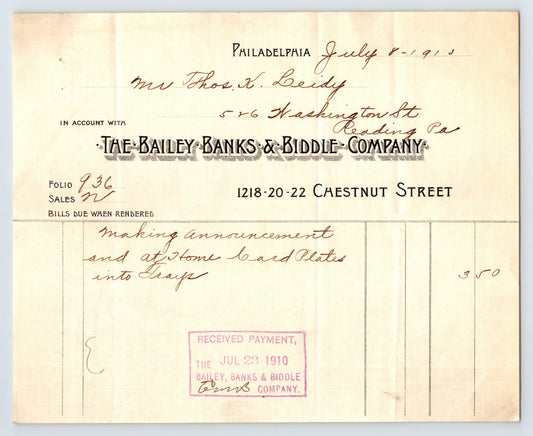 Philadelphia Pennsylvania Bailey Banks Biddle 1910 jewelry billhead invoice Chestnut Street document