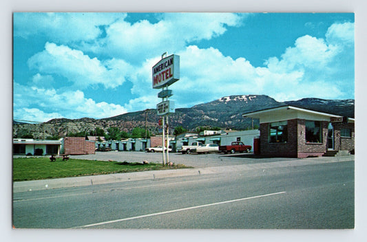 Cedar City Utah American Siesta Motel roadside sign trucks mountains 1960s postcard