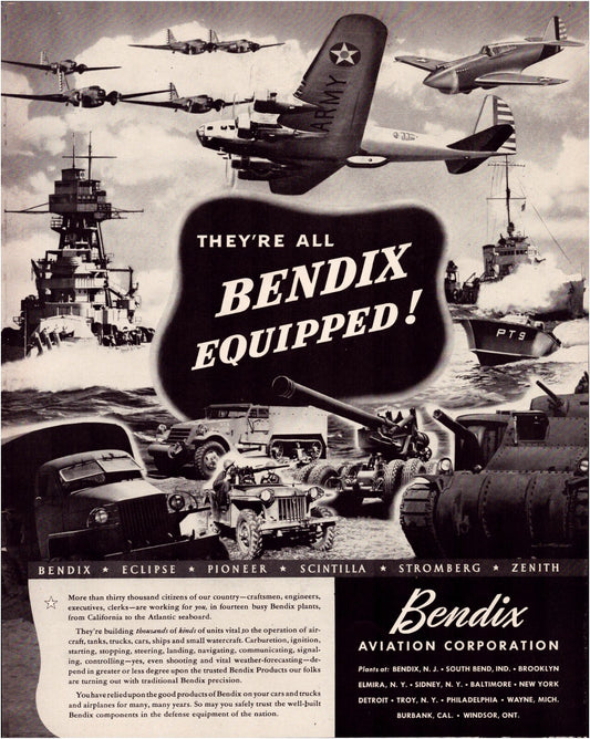 Bendix Aviation Corporation 1941 print advertisement featuring military aircraft battleship vehicles and Bendix equipped components wartime industrial imagery
