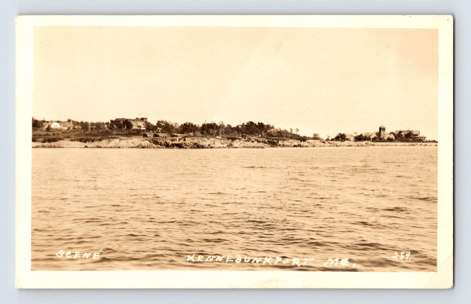 Kennebunkport Maine coastline 1940s real photo postcard showing shoreline residences and calm coastal waters