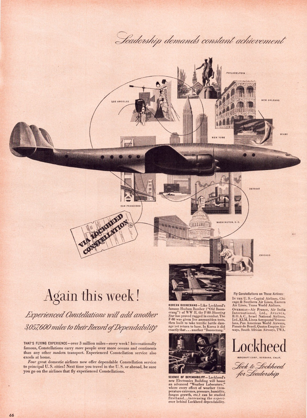 1951 Lockheed Constellation airplane advertisement with aircraft profile and collage of destinations and engineering imagery