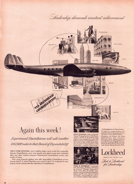 1951 Lockheed Constellation airplane advertisement with aircraft profile and collage of destinations and engineering imagery