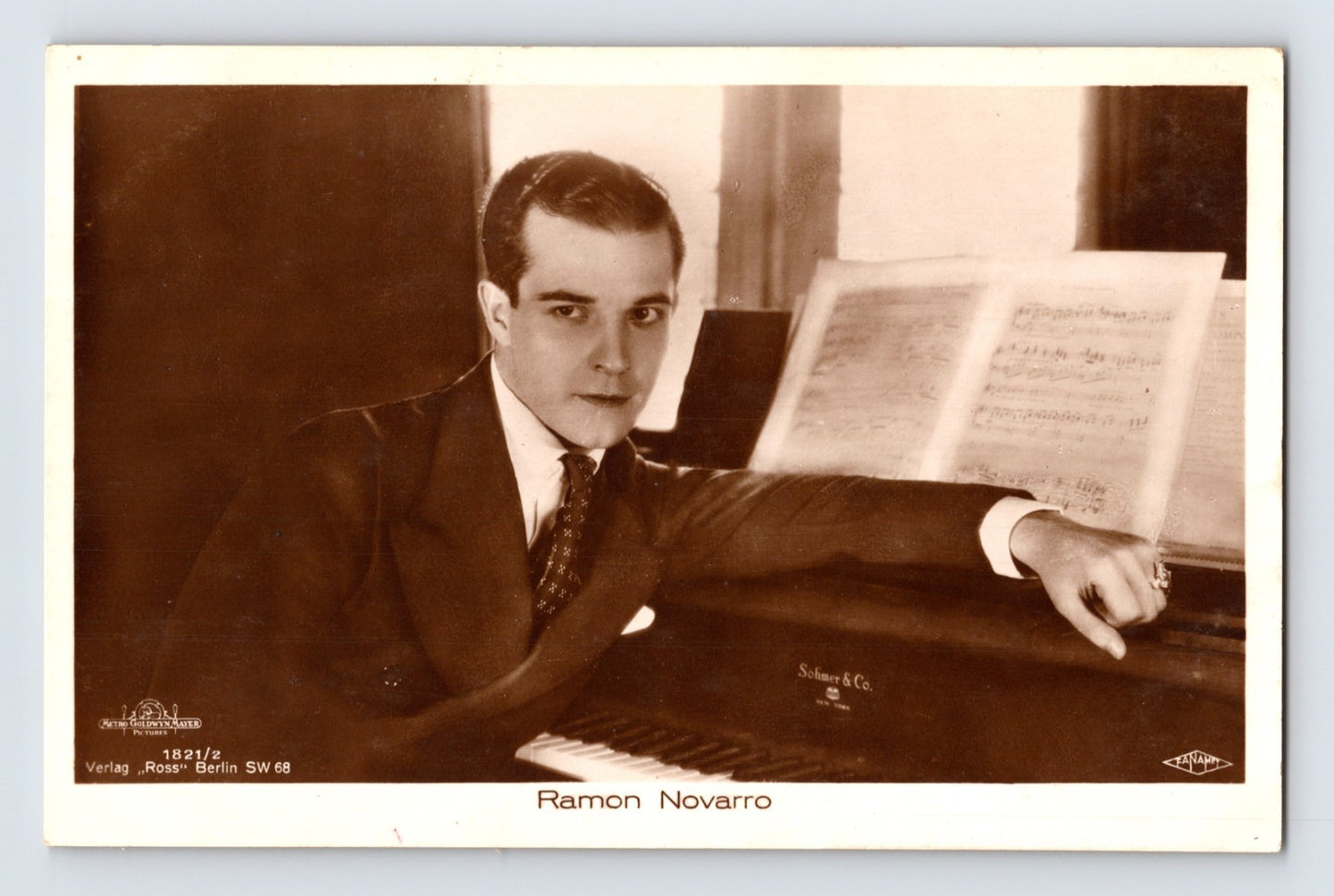 Ramon Novarro silent film actor portrait piano MGM Ross Verlag RPPC postcard