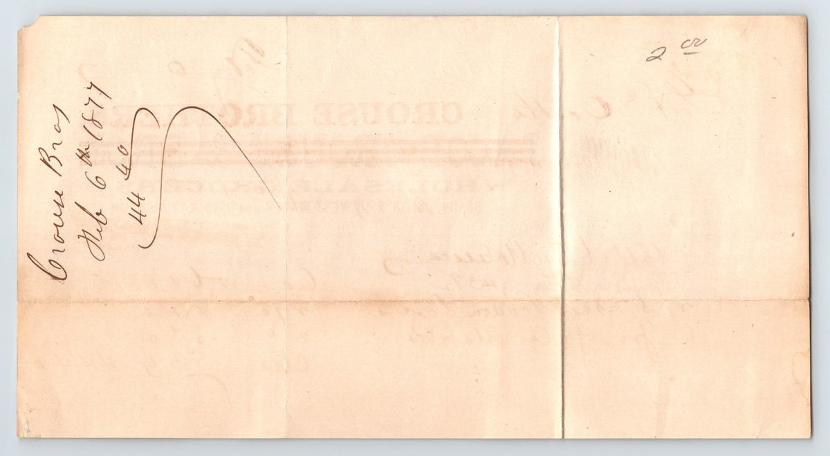 Syracuse New York 1877 Crouse Brothers Wholesale Grocers Billhead 8 x 4.5